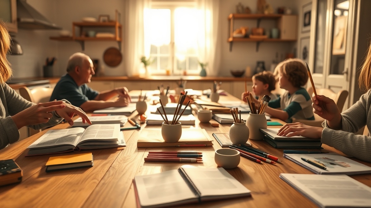 A homeschool family gathered around a kitchen table covered with books, art supp