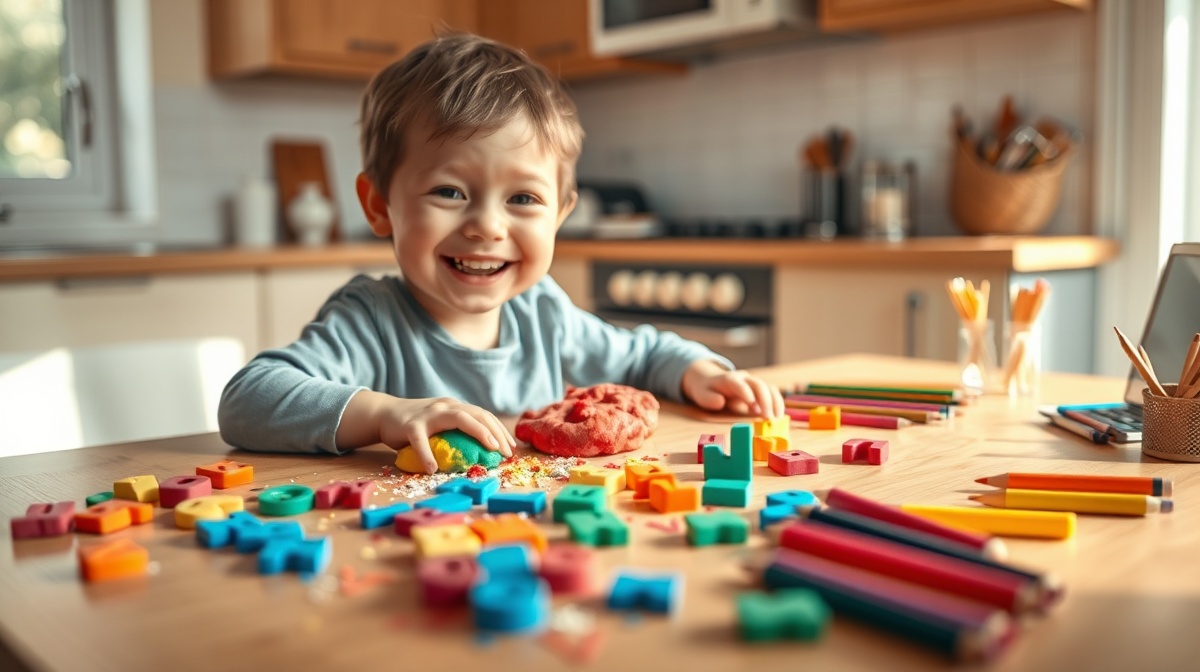 A smiling 5-year-old child sitting at a kitchen table with colorful learning mat