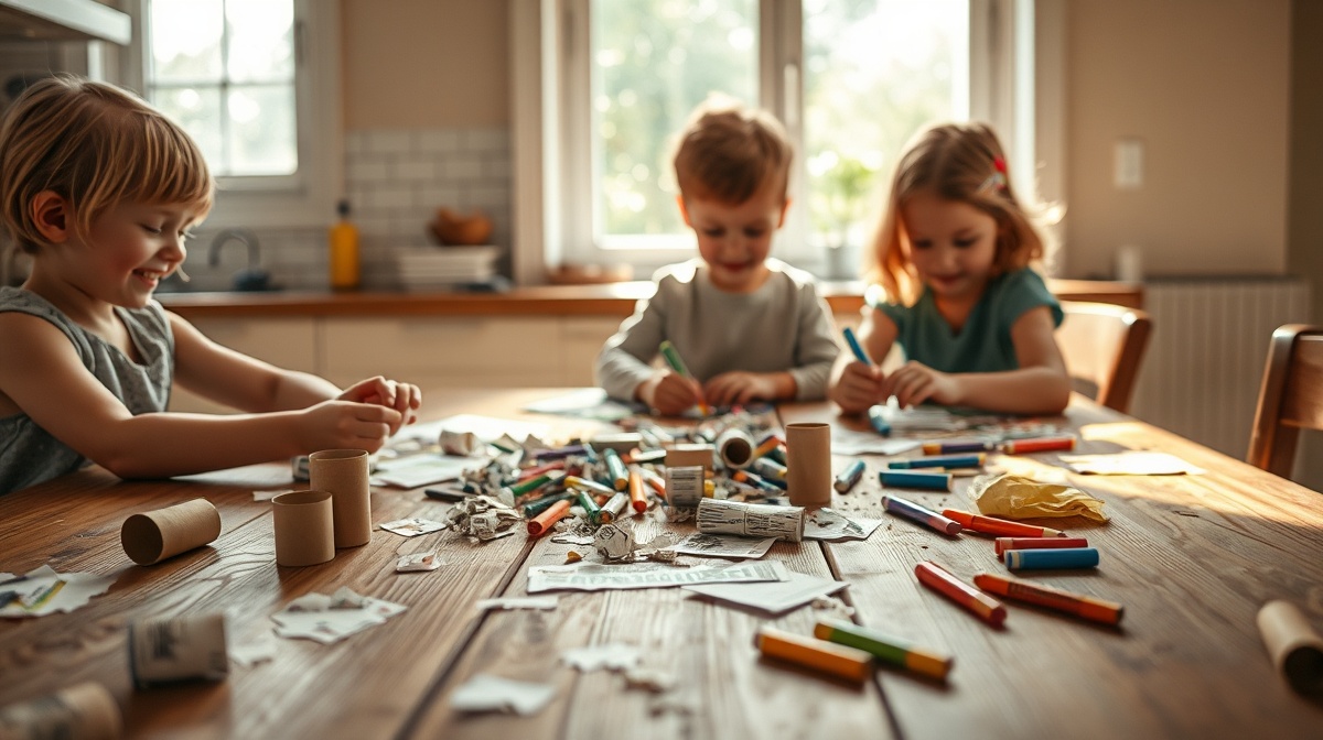 Children sitting at a kitchen table covered with everyday household items like c