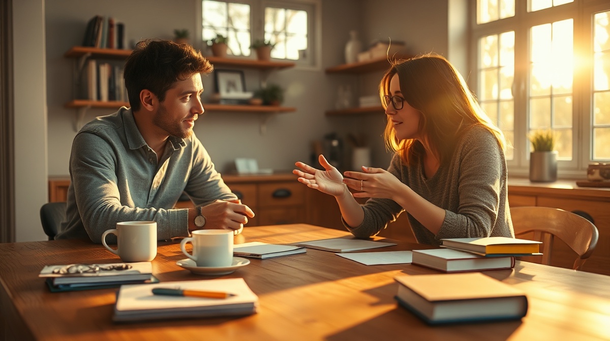 A parent and teenager sitting at a kitchen table in natural afternoon light, bot
