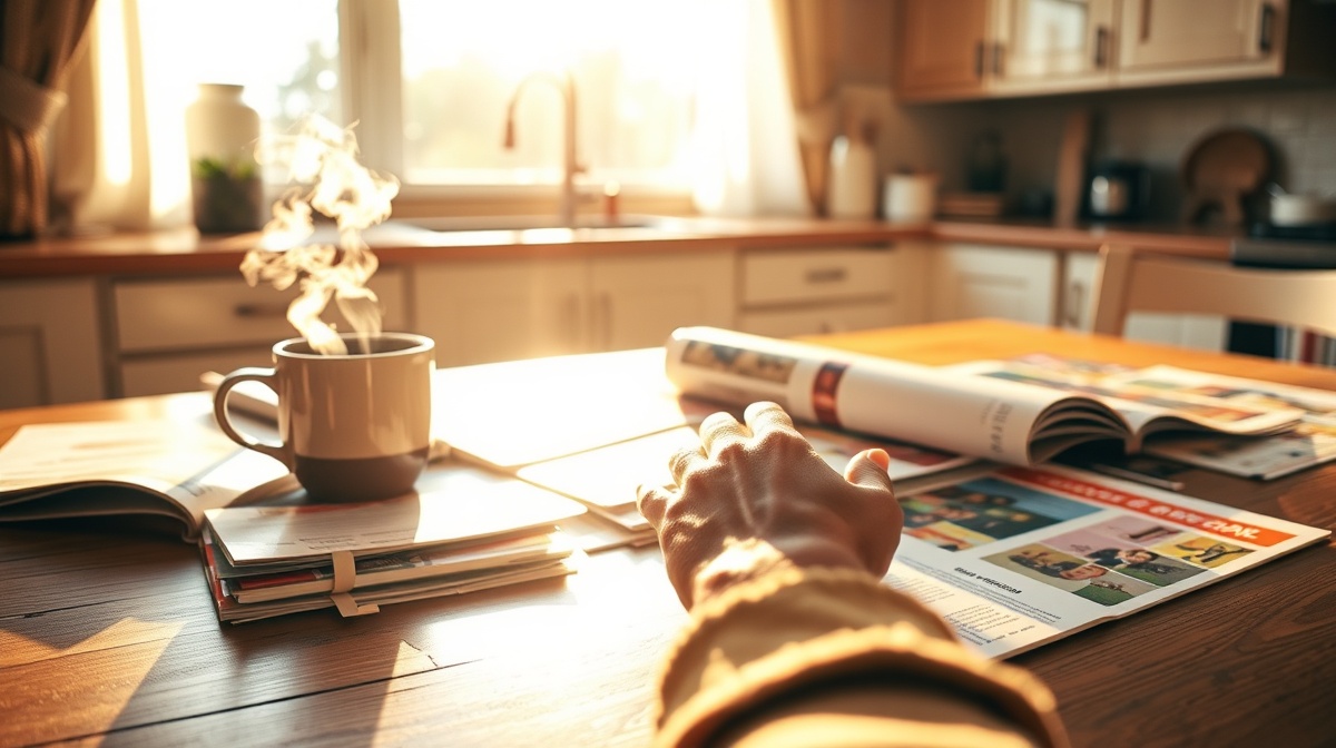 Parent sitting at kitchen table with homeschool curriculum catalogs and samples 