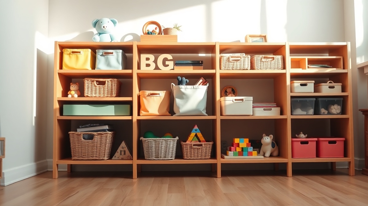 Organized low shelves with colorful bins containing toddler activities, natural