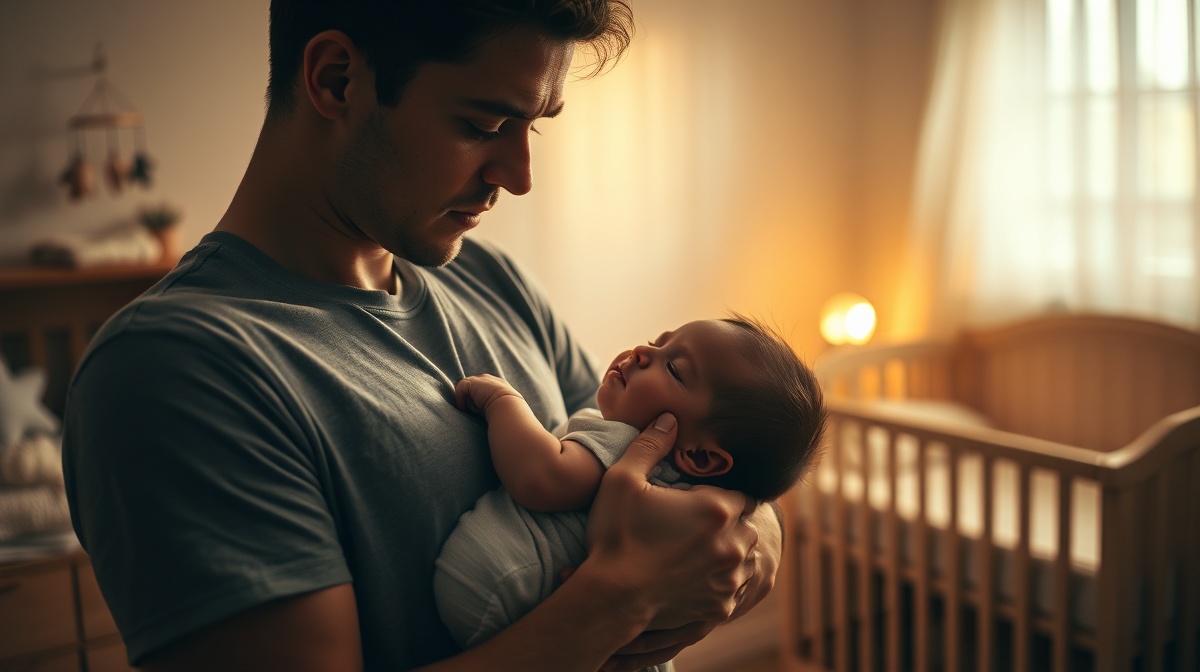 Exhausted new parent holding a sleeping newborn in a dimly lit nursery at night,