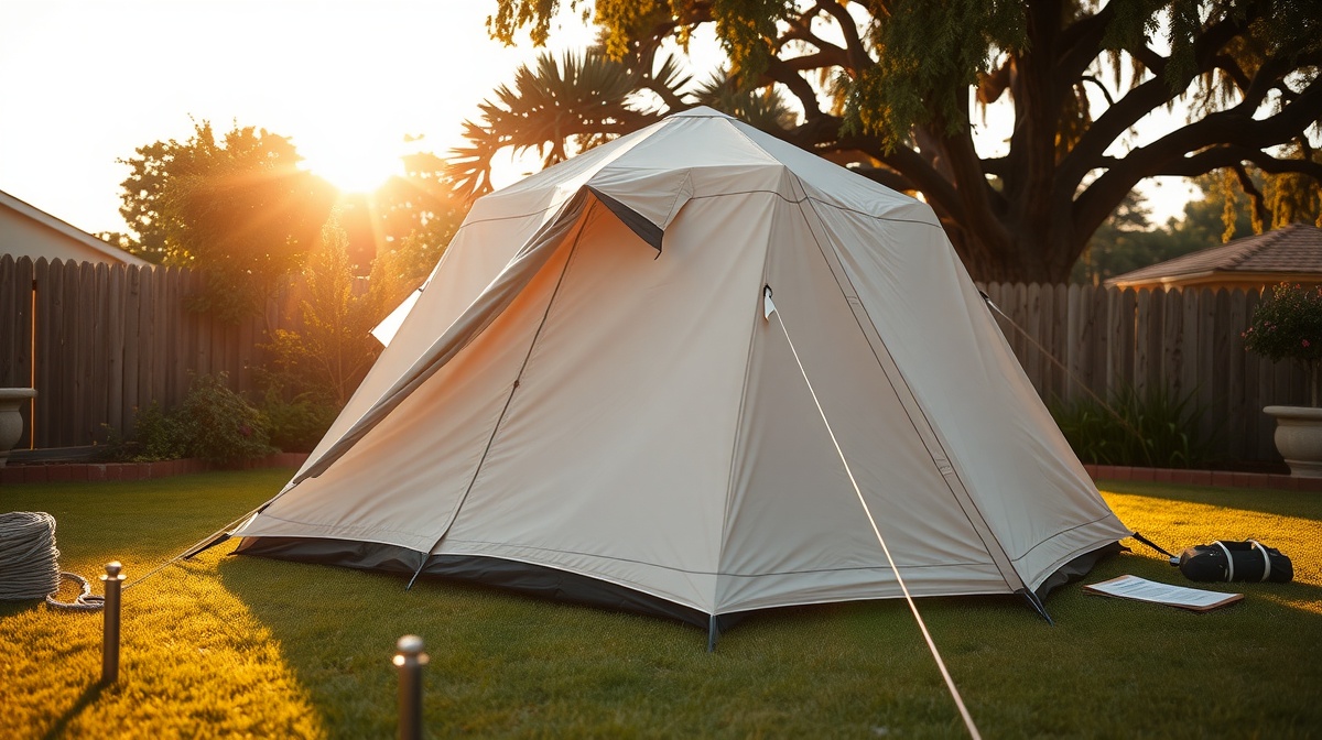 Family of five setting up a tent in their backyard at golden hour, kids helping 