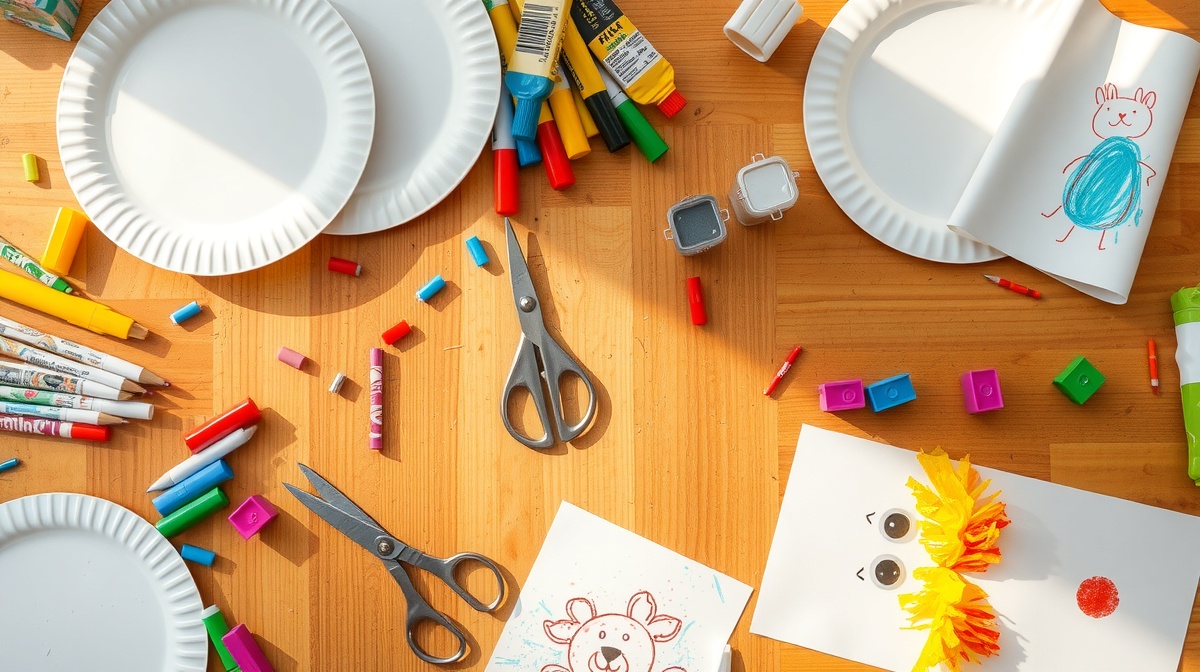 Overhead shot of a kitchen counter with paper plates, markers, scissors, and glu