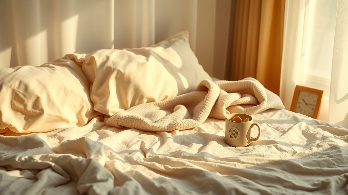 A woman sitting on her bed in comfortable clothes, holding a sleeve of crackers,