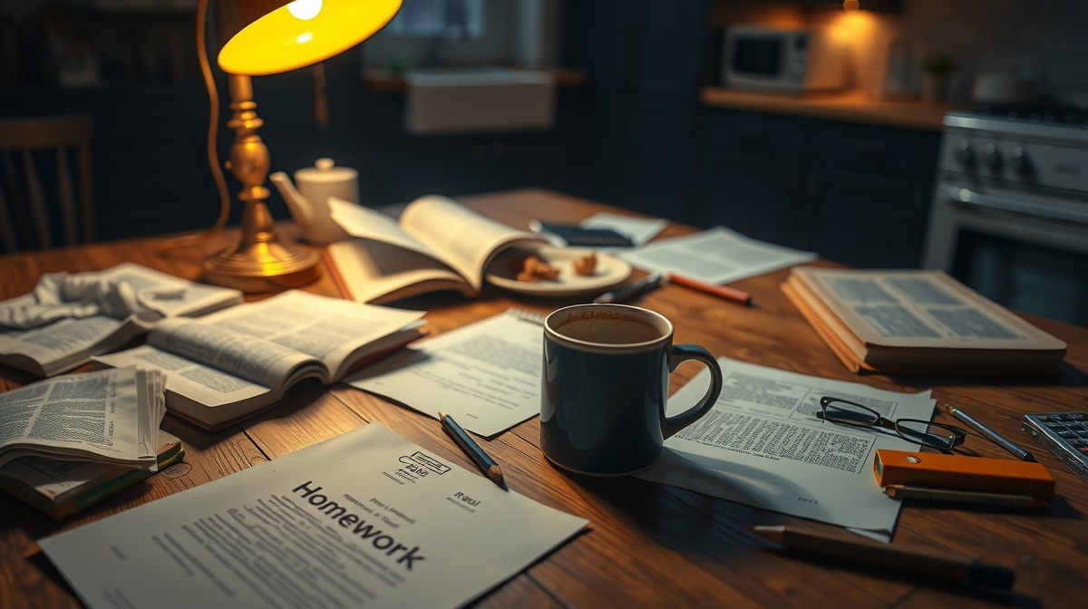 Tired parent sitting at kitchen table late at night with their head in their han