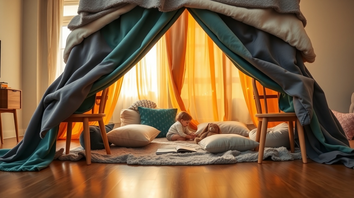 Two children building a cozy blanket fort in a living room, using chairs and col