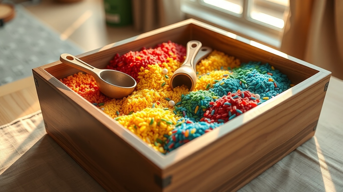A young child focused intently on a sensory bin filled with colorful rice and sm