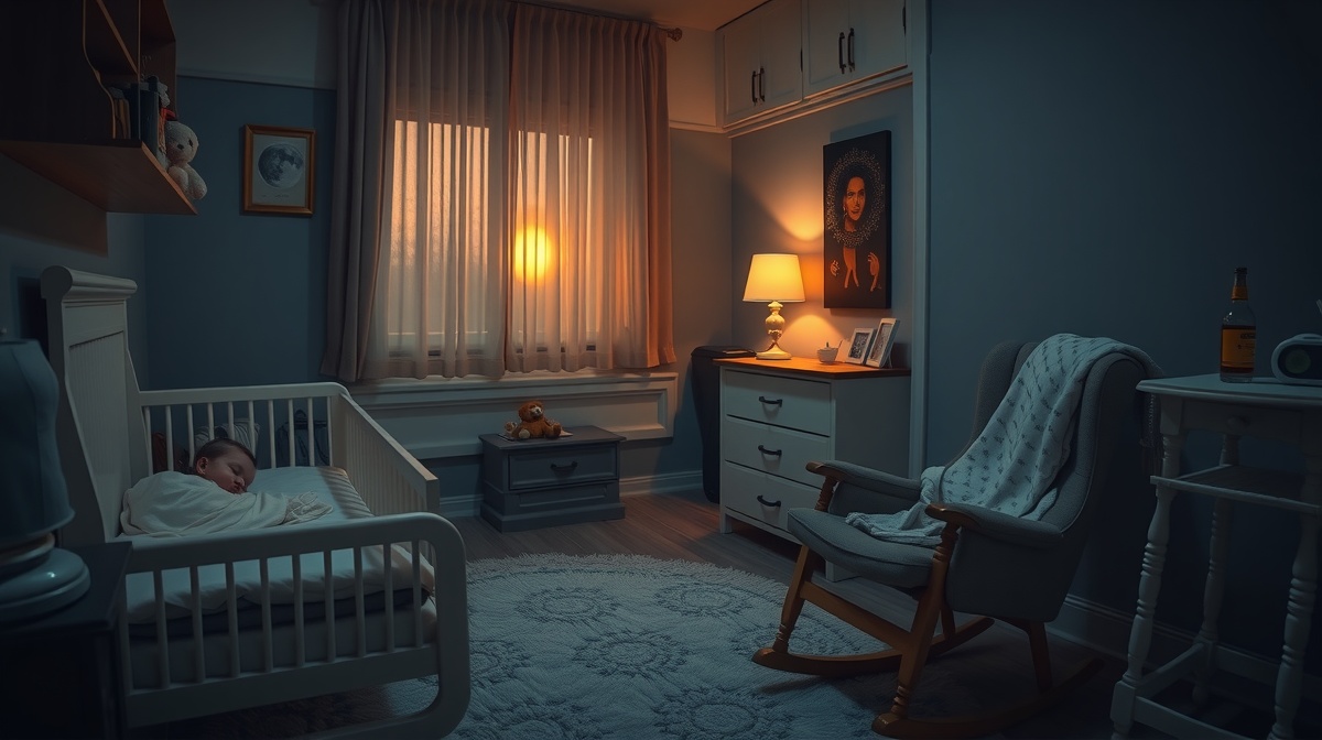 Exhausted parent holding sleeping newborn in dimly lit nursery at night, soft na