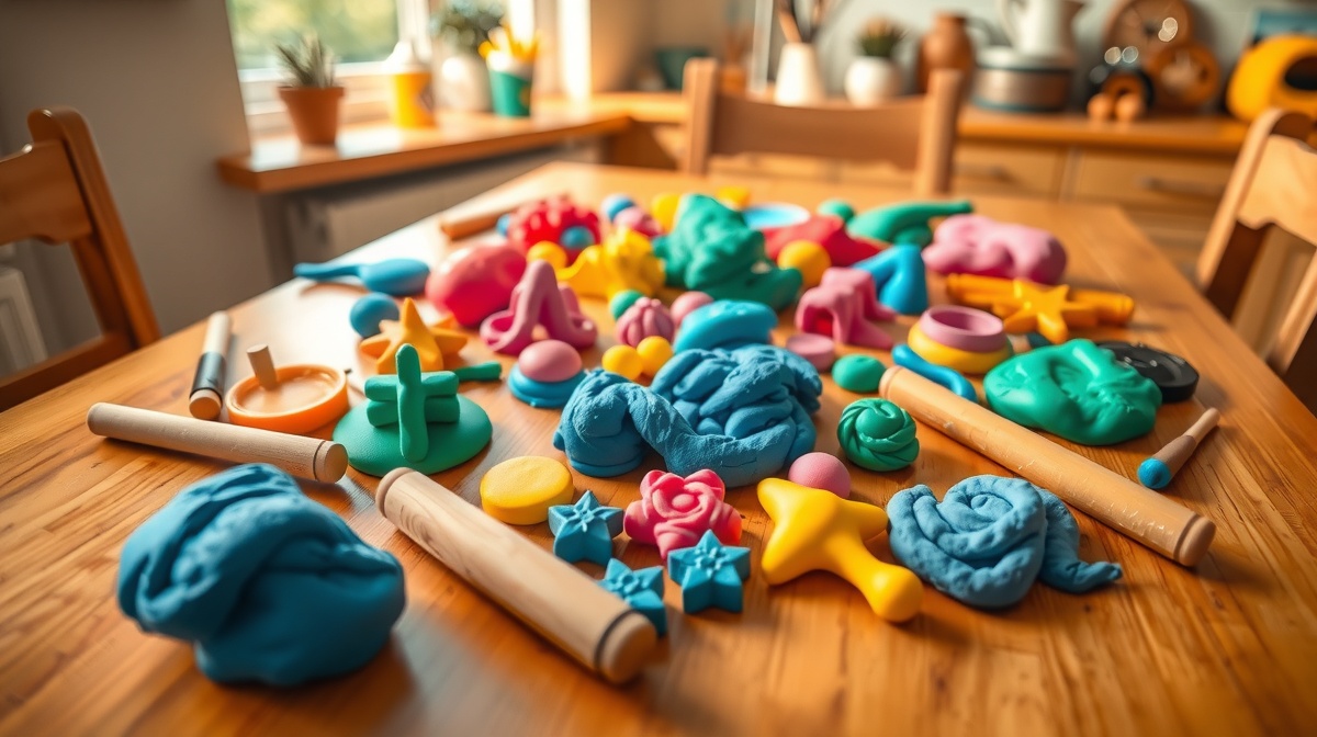 A 3-year-old child playing with colorful playdough at a wooden kitchen table, wi