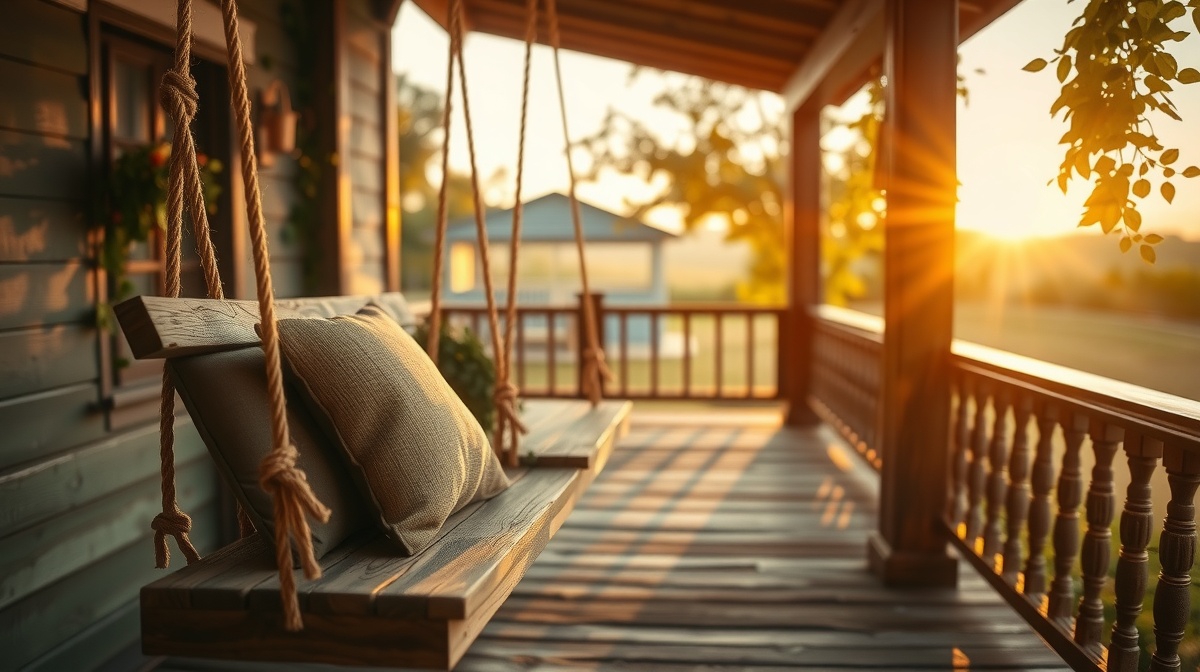 Parent and teenager sitting on a porch swing at sunset, both looking out rather 