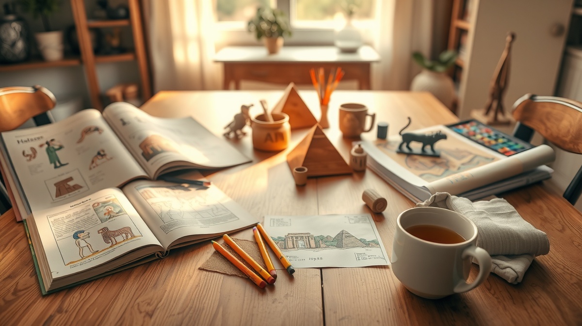 A homeschool family gathered around a kitchen table covered with Ancient Egypt m