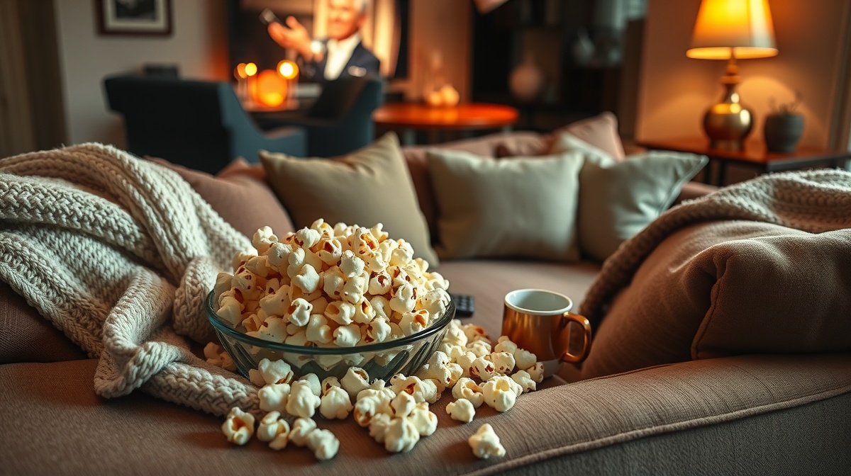 Family snuggled together on a couch watching a movie with a large bowl of homema