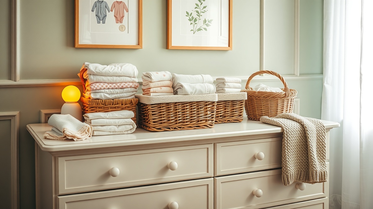 Organized diaper changing station on a dresser with supplies neatly arranged in 