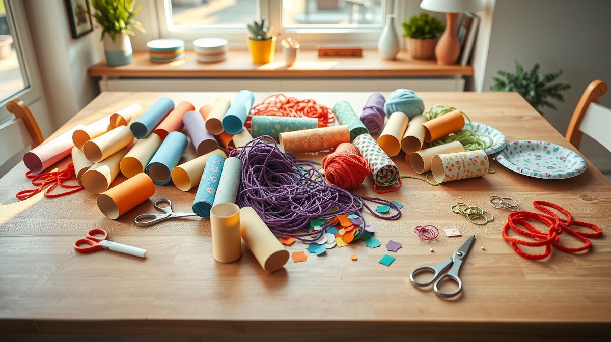 Children's hands sorting through colorful craft supplies spread across a kitchen