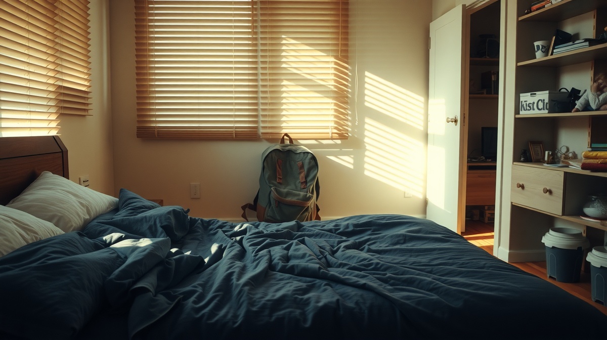 Teenage bedroom with unmade bed, closed door, and backpack thrown in corner, dim