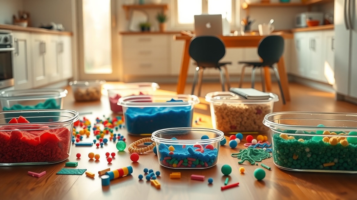 A toddler playing with colorful sensory bins on a kitchen floor while mom works 