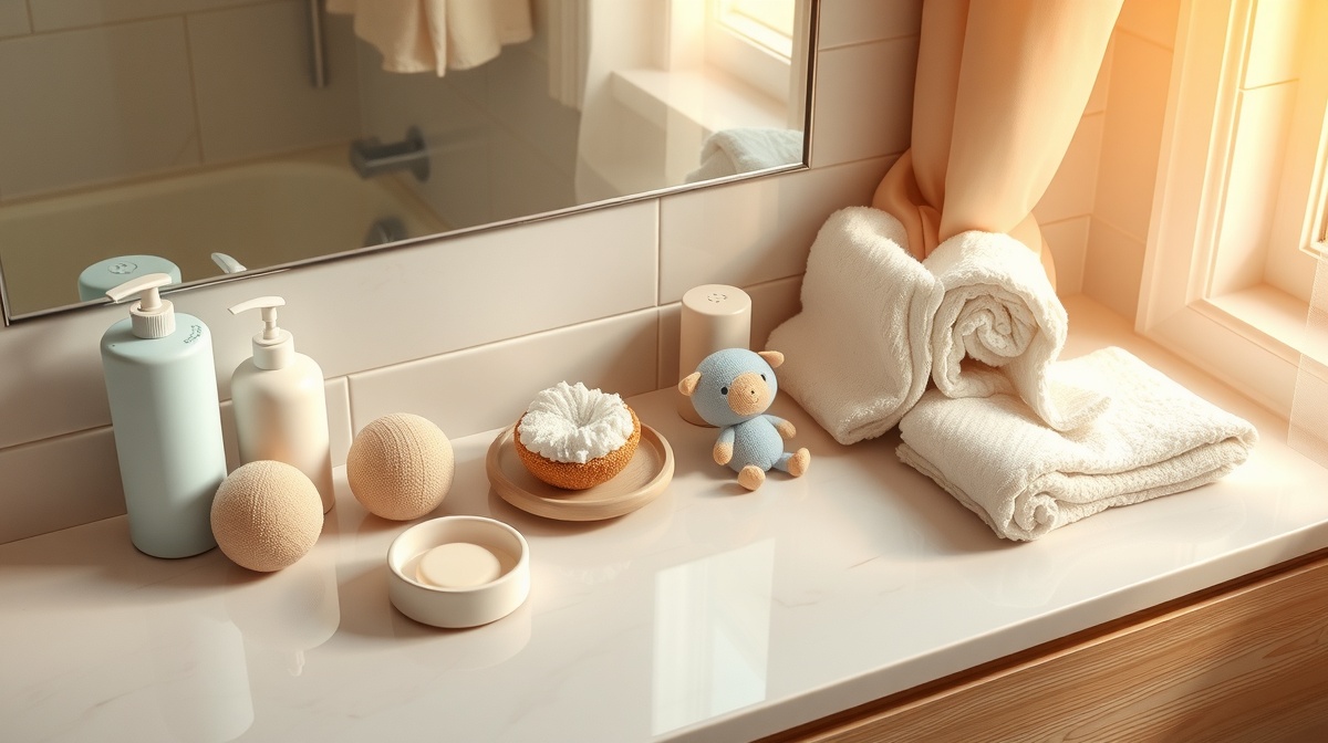 Organized bathroom counter with neatly arranged baby bath supplies, soft lightin