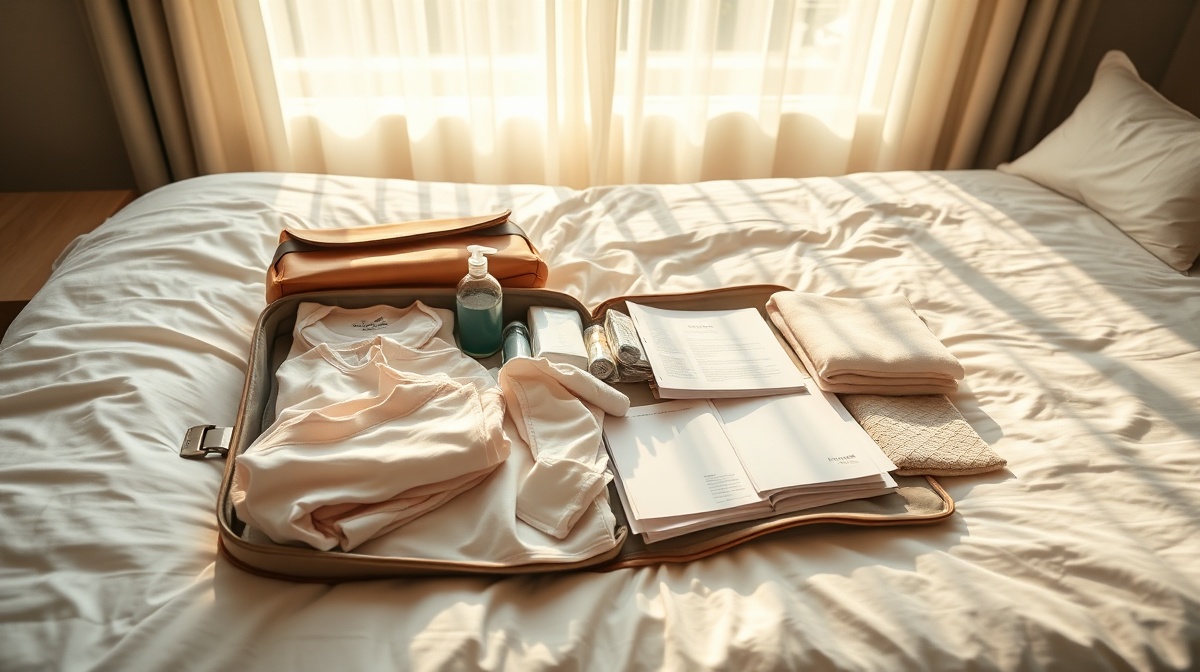 Packed hospital bag on a bed with baby clothes, toiletries, and documents neatly