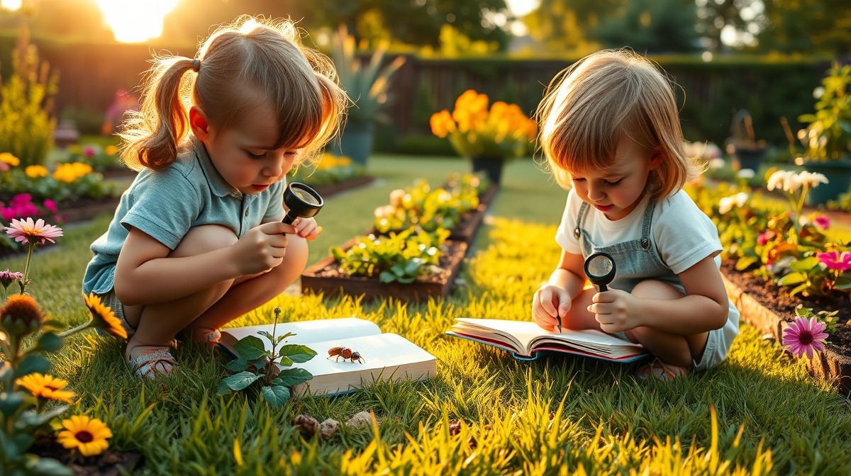 Children crouched in a backyard garden with magnifying glasses and nature journa