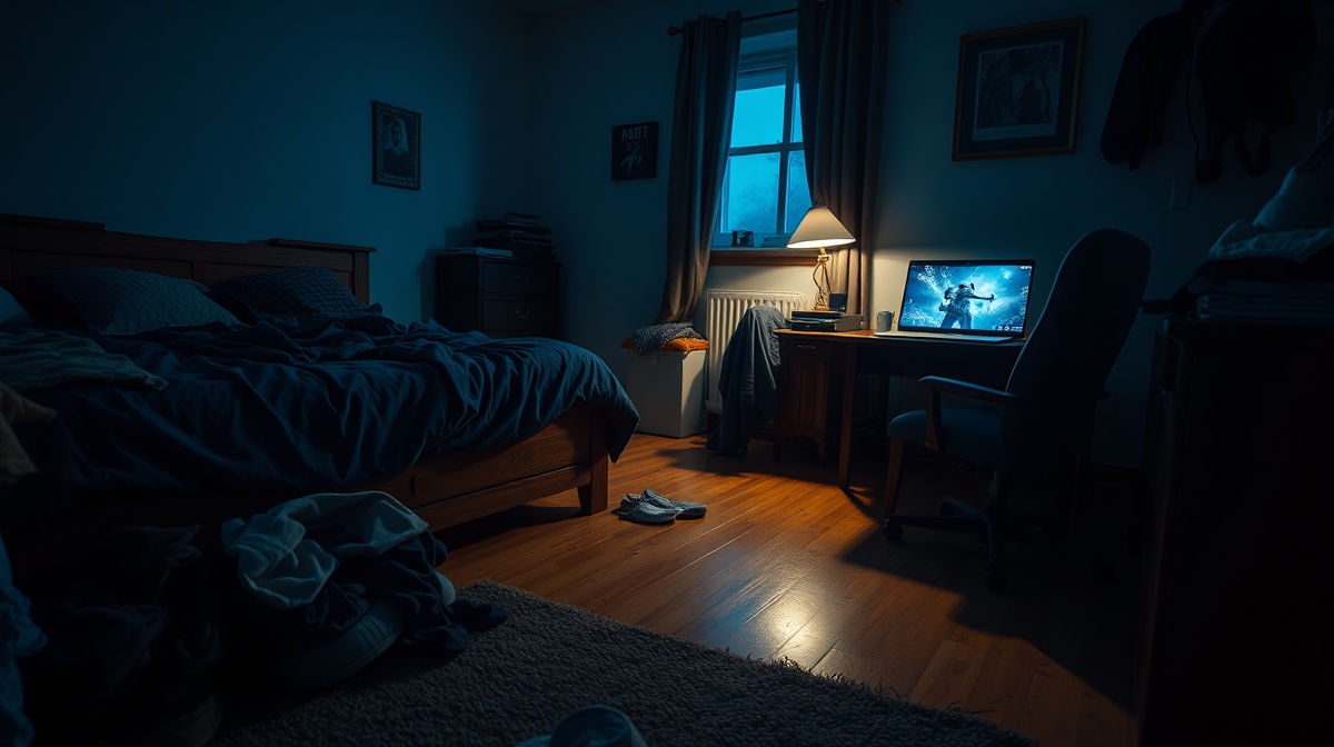 A teenager's messy bedroom with unmade bed, clothes scattered, and a laptop open