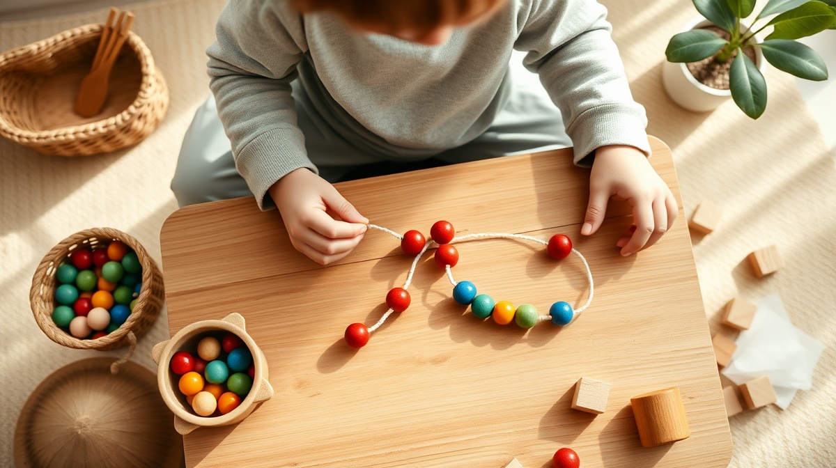 A young child concentrating while threading large colorful beads onto a string, 