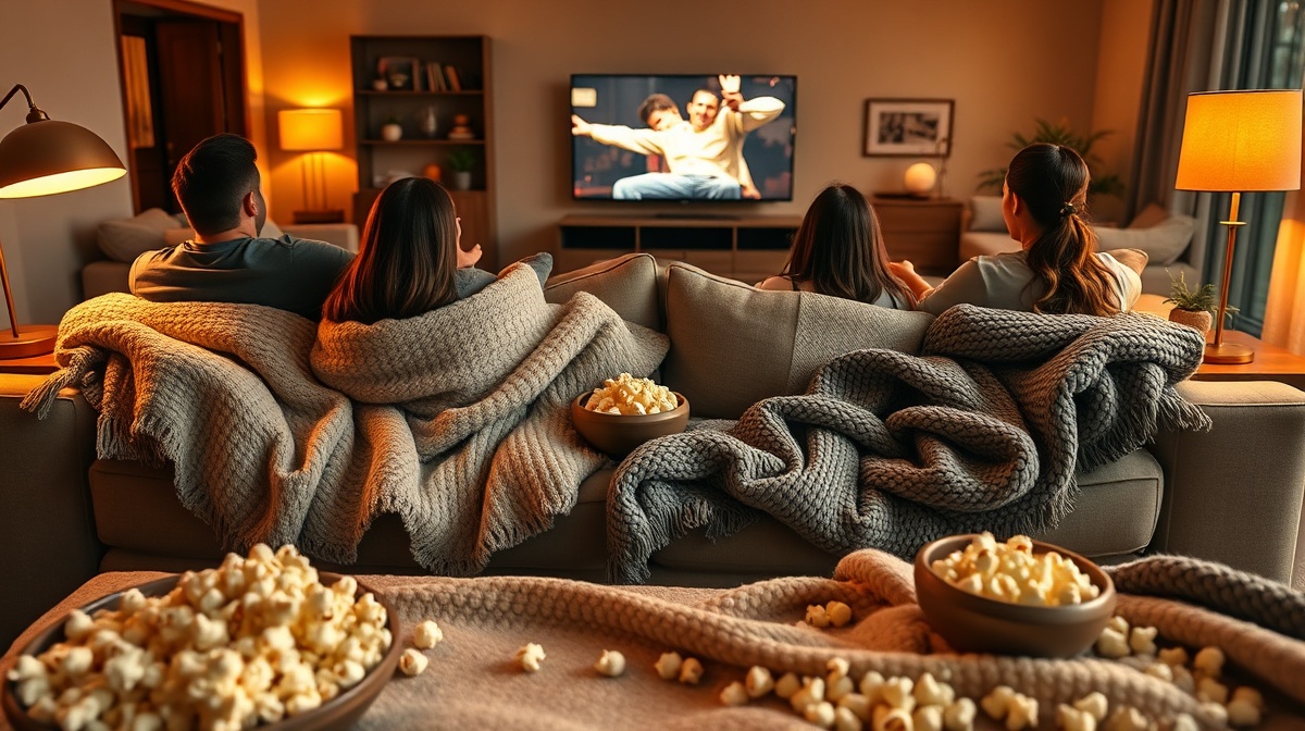 Family sprawled across a living room with blankets and pillows, homemade popcorn