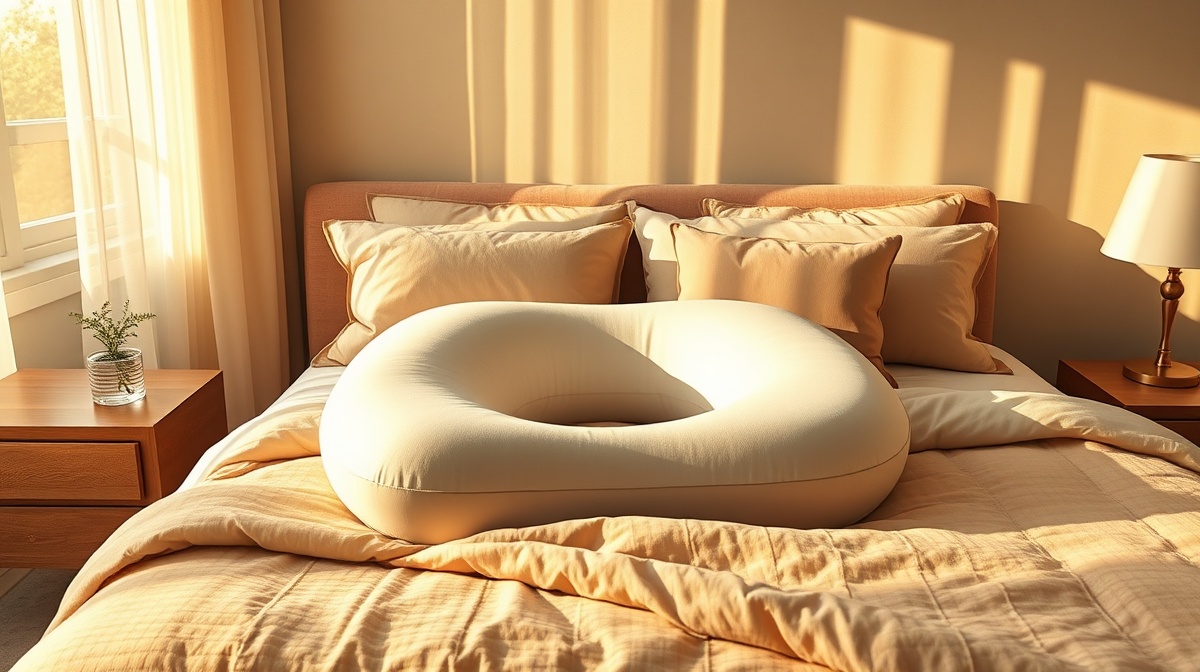 Cozy bedroom scene with a pregnancy pillow arranged on a bed, soft bedding, and 