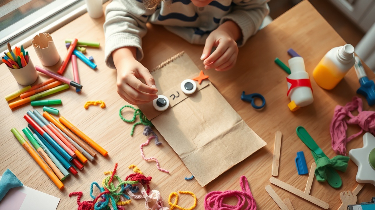 A child's hands working on a colorful paper bag puppet, with markers, yarn scrap