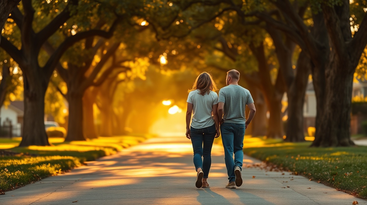 A parent and teenager walking side by side on a tree-lined sidewalk during golde