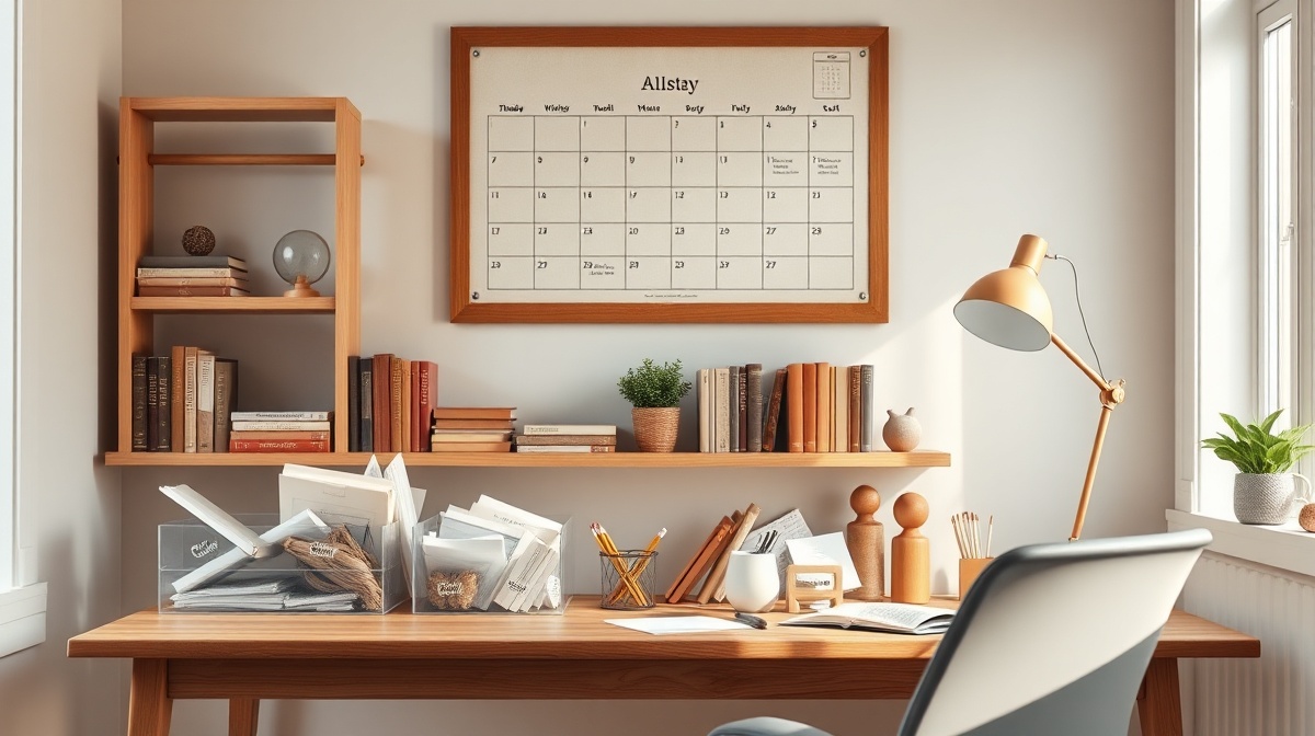 Organized homeschool workspace with labeled bins, curriculum books arranged on s