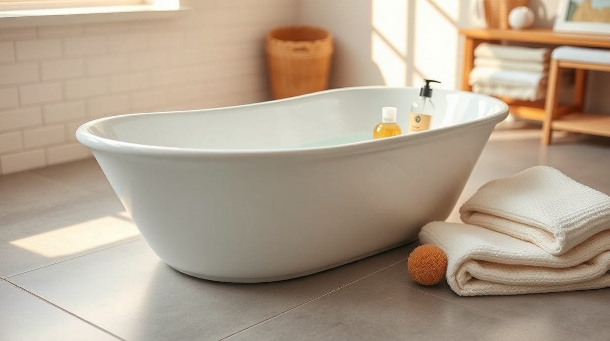 Close-up of a small baby bathtub with just a few inches of water, bath supplies 