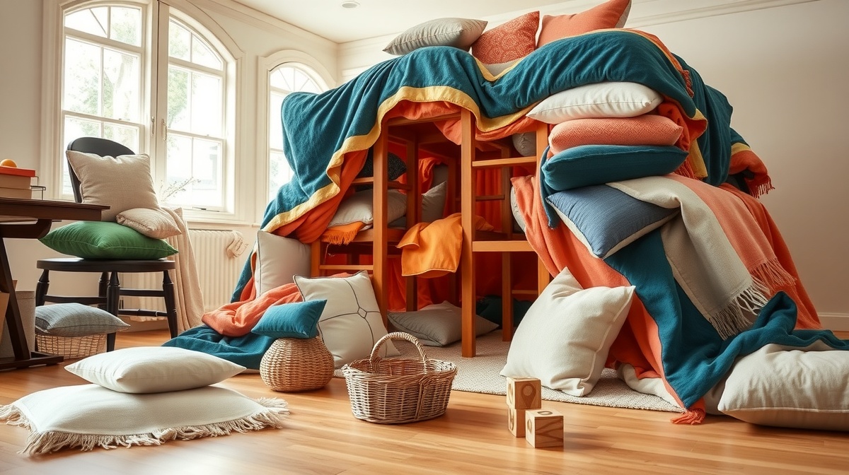 Children of various ages building an elaborate blanket fort in a bright living r