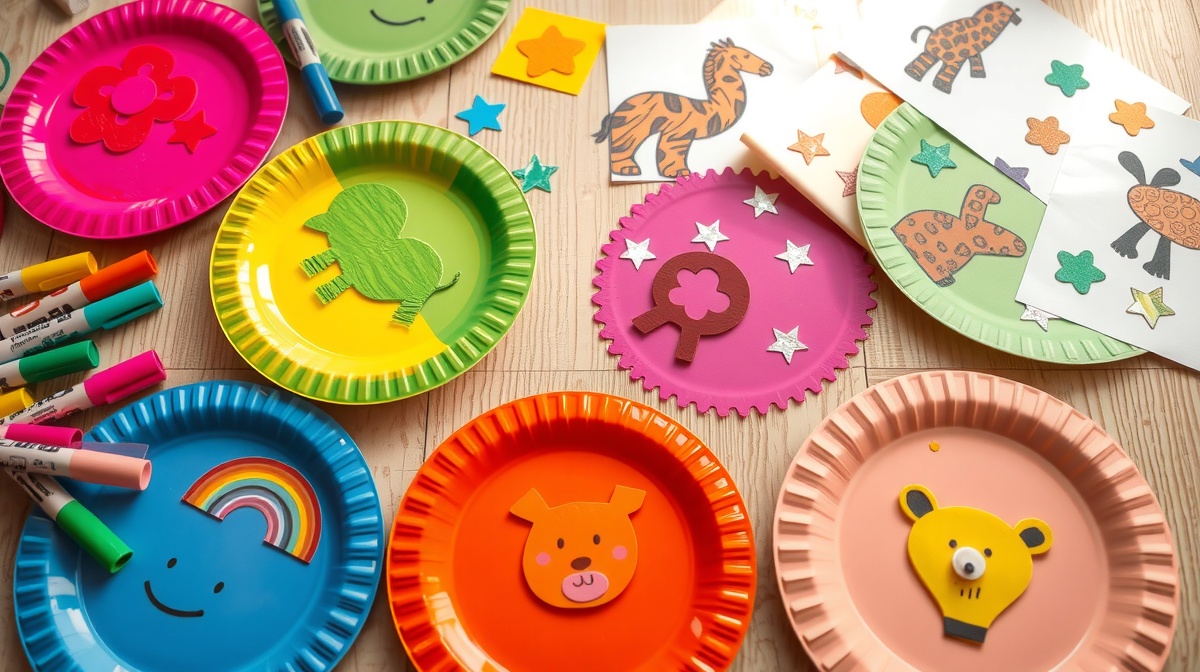 Close-up of children's hands decorating paper plates with bright markers and sti