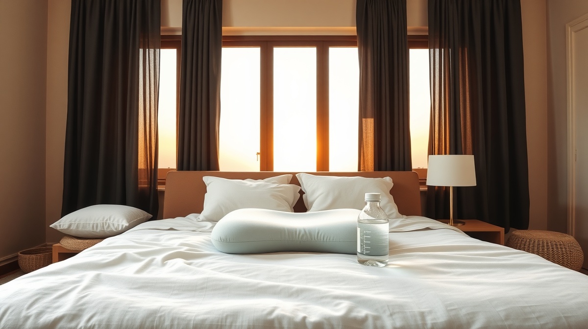 A cozy bedroom setup with blackout curtains, a pregnancy pillow on the bed, and 