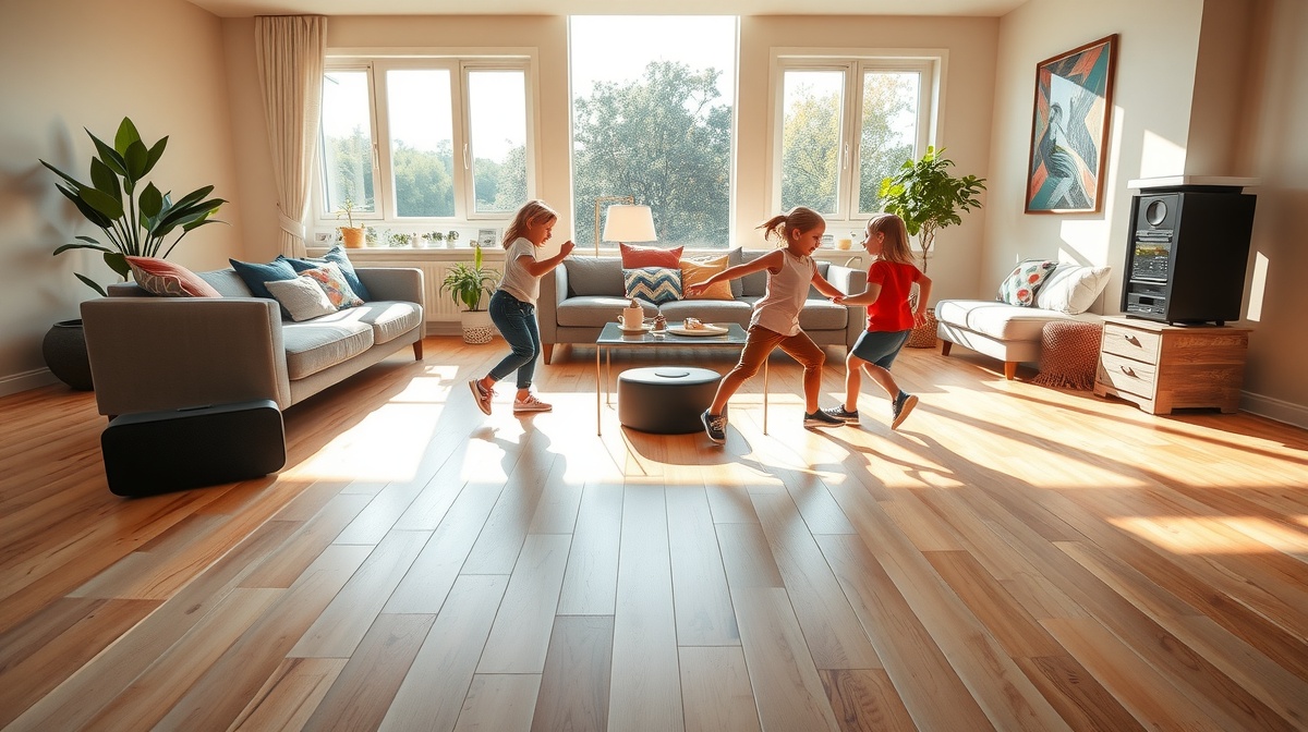 Children having an energetic dance party in a bright living room, mid-movement w