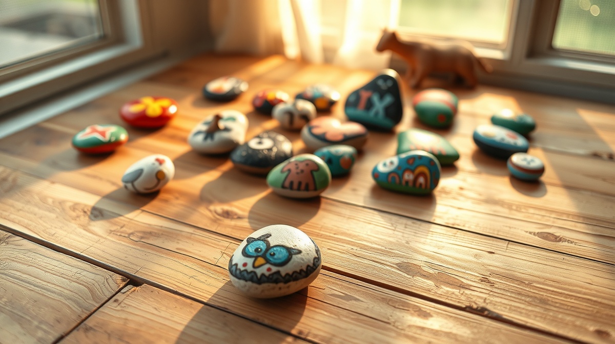 Colorful painted story stones scattered on a wooden surface with a child's hands