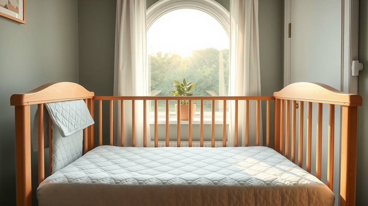 Peaceful sleeping newborn in crib during early morning hours, soft dawn light th