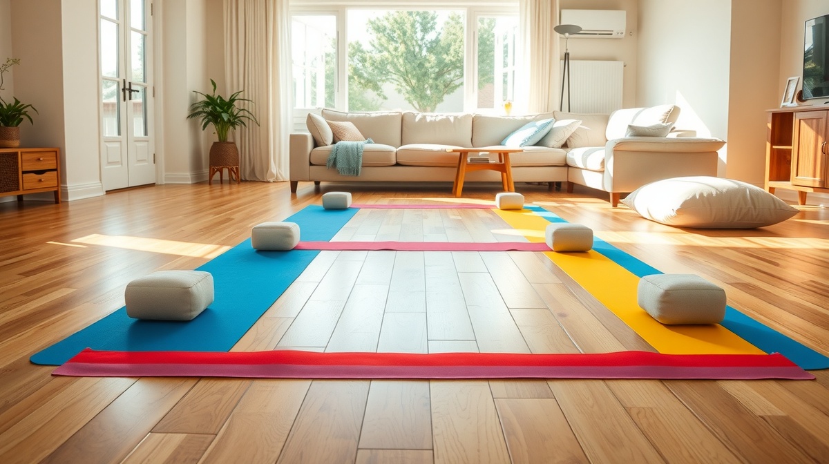 A toddler jumping over colorful tape lines on a hardwood floor in a bright livin