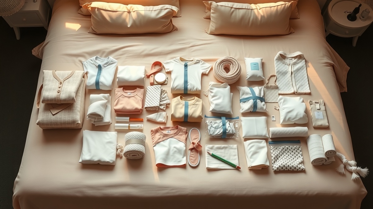 Organized hospital bag laid out on a bed with neatly folded clothes, toiletries,