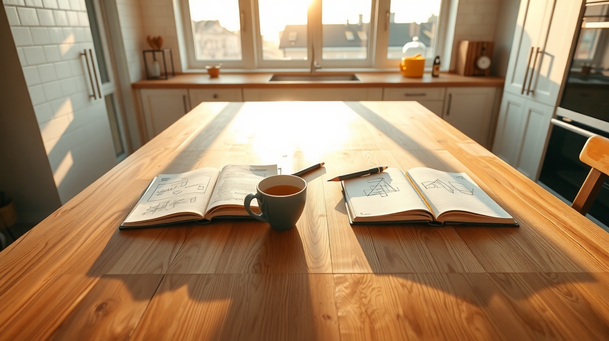 Parent and teenager sitting at kitchen table with notebooks, collaborating on ho