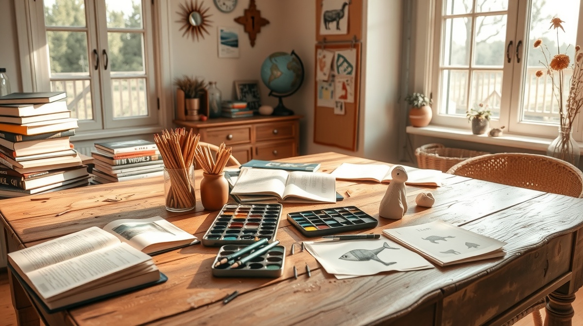 A cozy homeschool learning space with books, art supplies, and children's projec