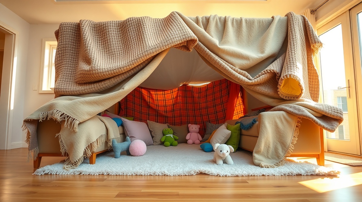 Parent and child building an elaborate blanket fort in a living room, both laugh