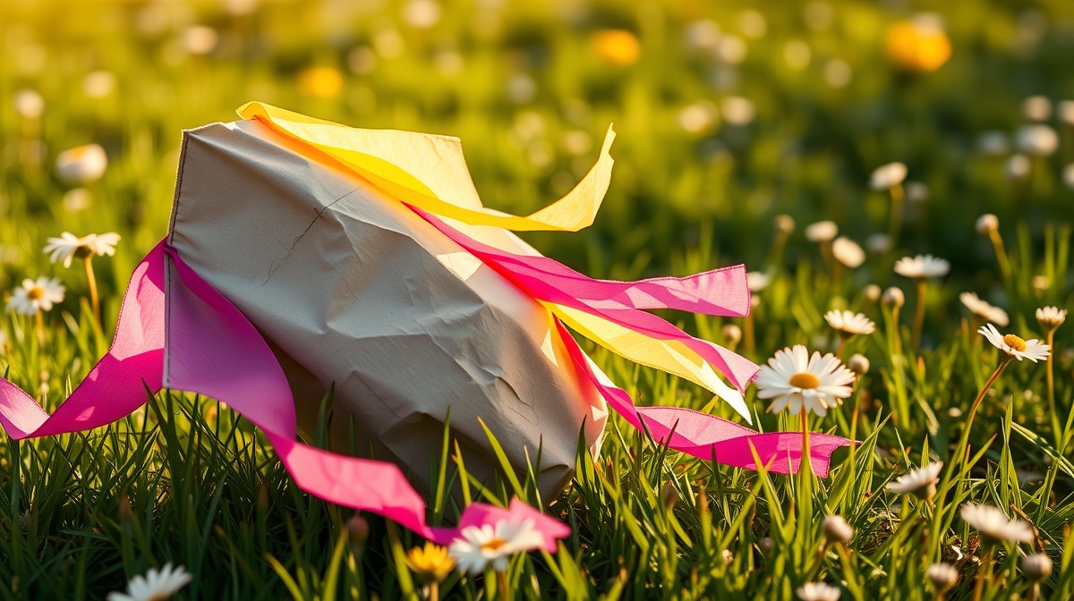 A child's hands holding a colorful paper bag kite with tissue paper streamers, o