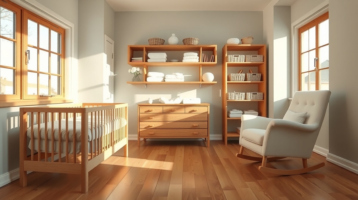 Partially assembled nursery in natural light showing a crib, changing table, and