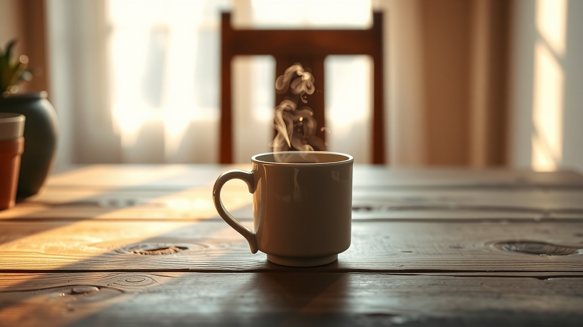 Close-up of parent's hands holding a cup of coffee while sitting across from a m