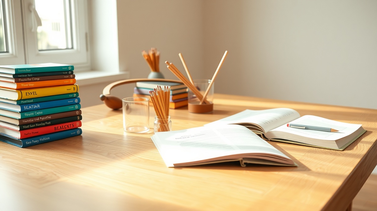 Organized homeschool workspace with a few simple workbooks, pencils in a jar, an