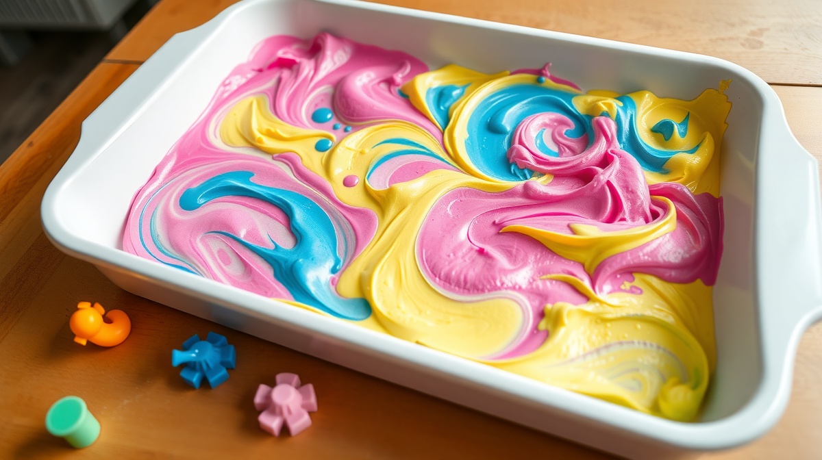 Toddler's hands covered in colorful shaving cream paint on a baking sheet, close