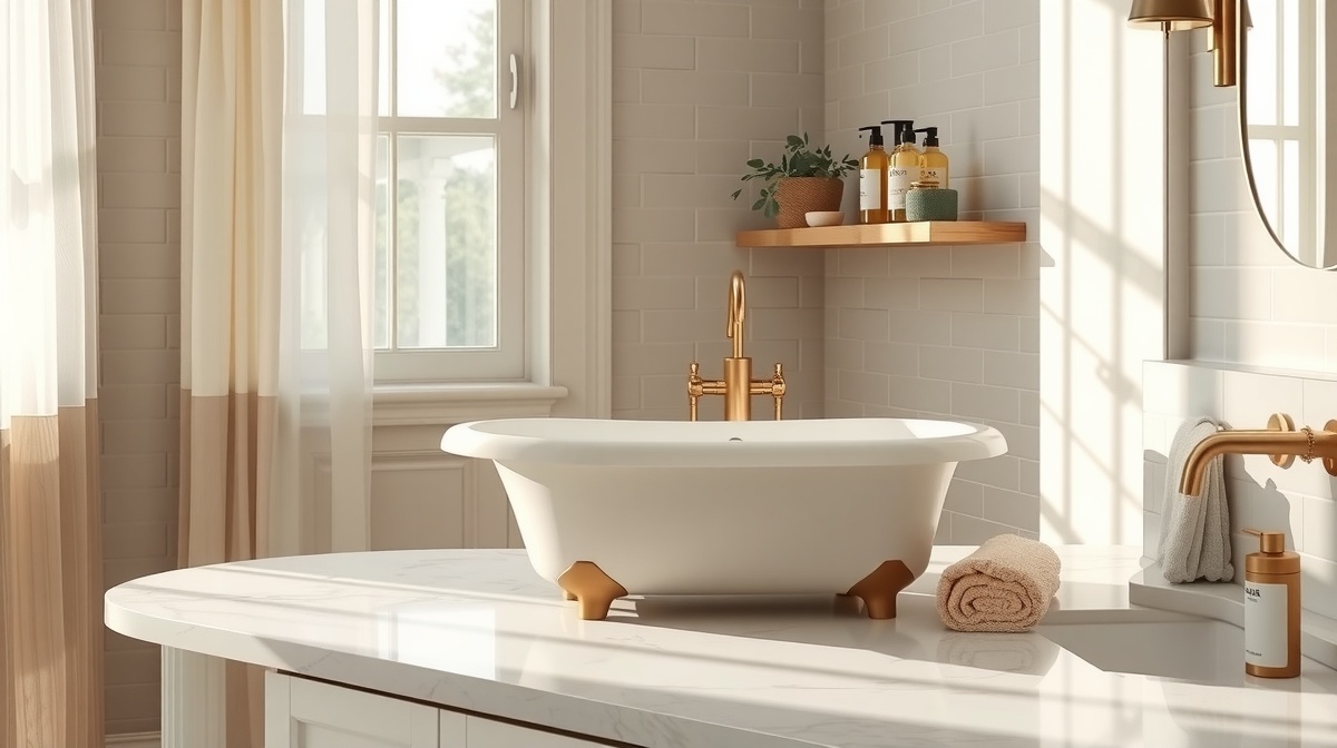 Cozy bathroom scene with a small baby bathtub set up on a counter, warm towels n